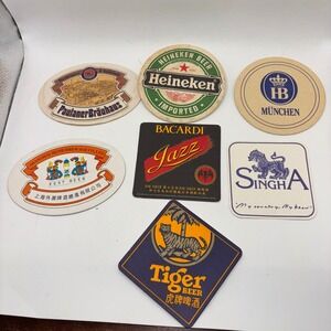 Vintage Beer Coaster Lot 7pc Heineken Paulaner HB Singha Tiger Bacardi Barware